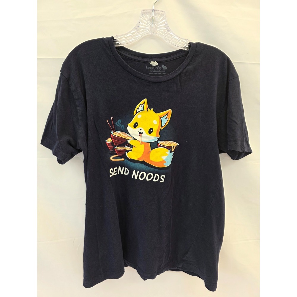 TeeTurtle Send Noods Fox Ramen Pun Navy Blue Graphic T-Shirt Mens Large 6901